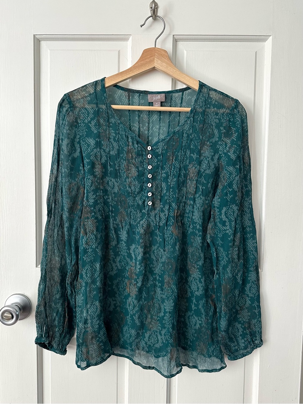 J. Jill Teal Patterned Semi-Sheer Blouse Pintucked Button Front Size M